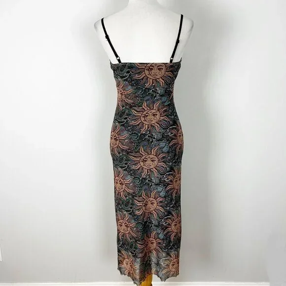 Women's Y2K Aesthetic Boho Maxi Dress Sun Pattern Festival Summer Size Small - Picture 3 of 4
